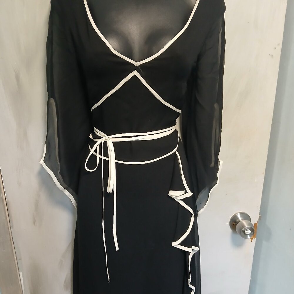 Black Long-Sleeve Wrap Dress with White Trim and Self Tie